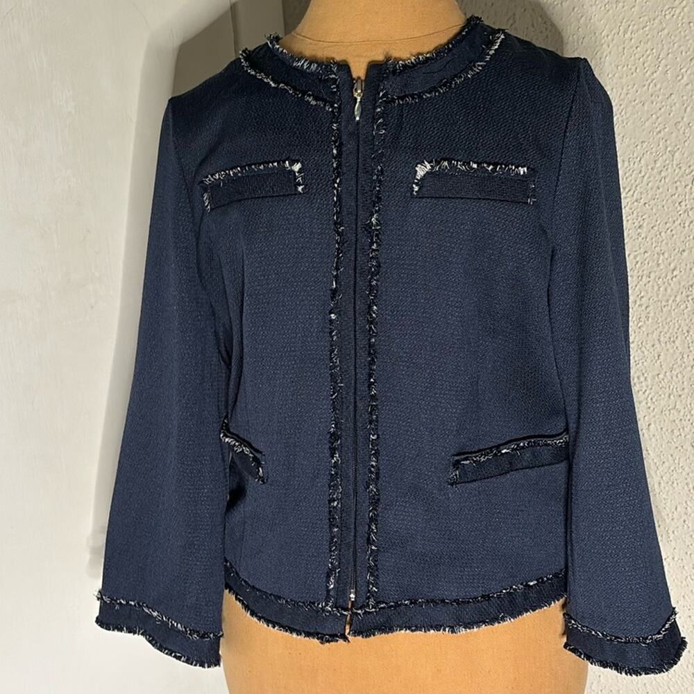 Jones New York Zip Up Frayed Navy Jacket 4 Corporate Siren Quiet Luxury Grandma